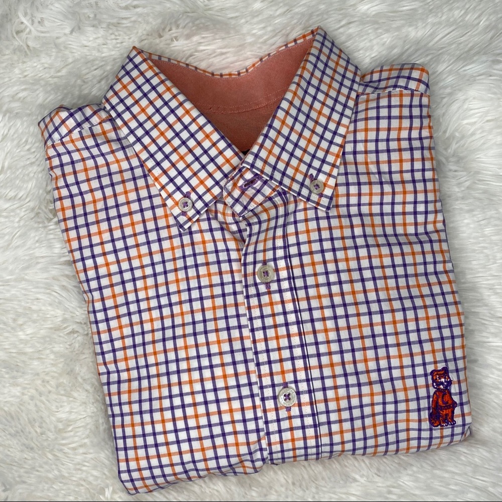 Men's Casual Button Down Shirt - Orange and Blue Checkered